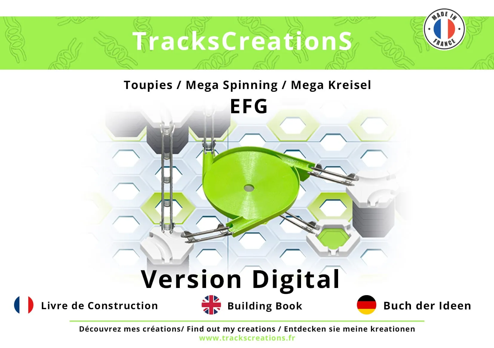 Couverture du livret E, F et G : méga toupie triple entrée verte sur une plaque GraviTrax, mention « Version Digital »