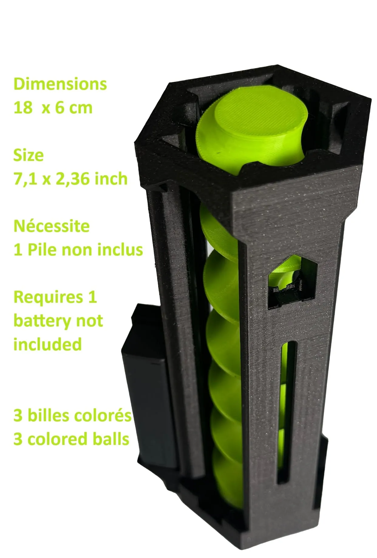 Ascenseur à billes de 18 cm avec ses dimensions (18 × 6 cm) ; fonctionne avec 1 pile, non fournie