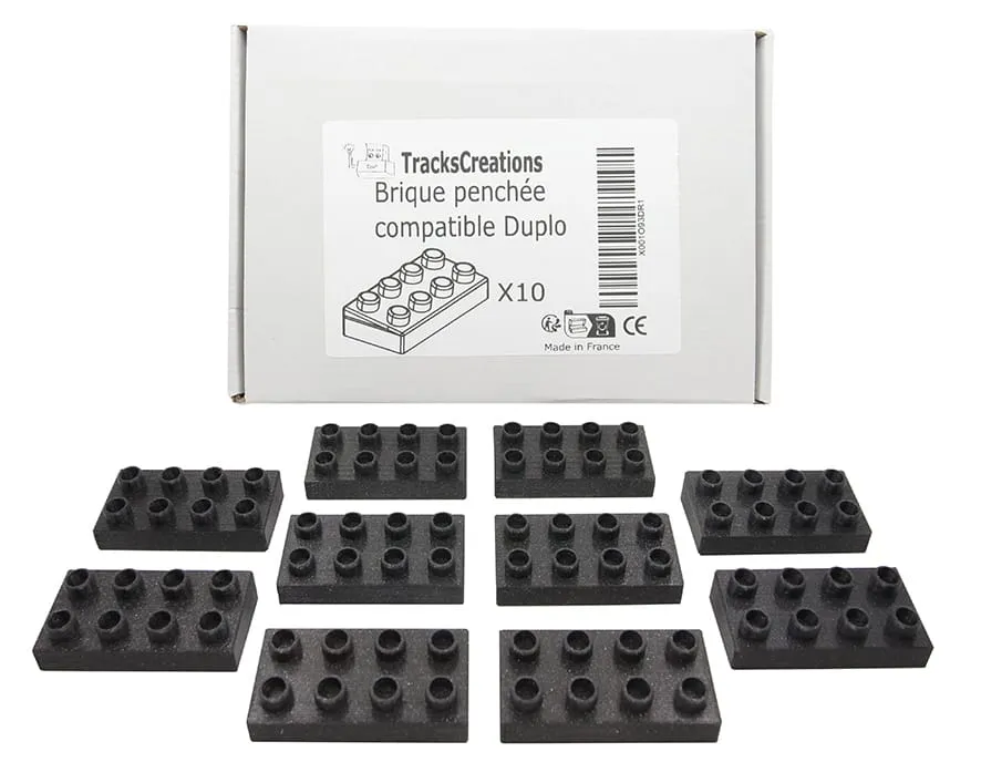 Lot de 10 briques penchées noires devant leur boîte TracksCreations
