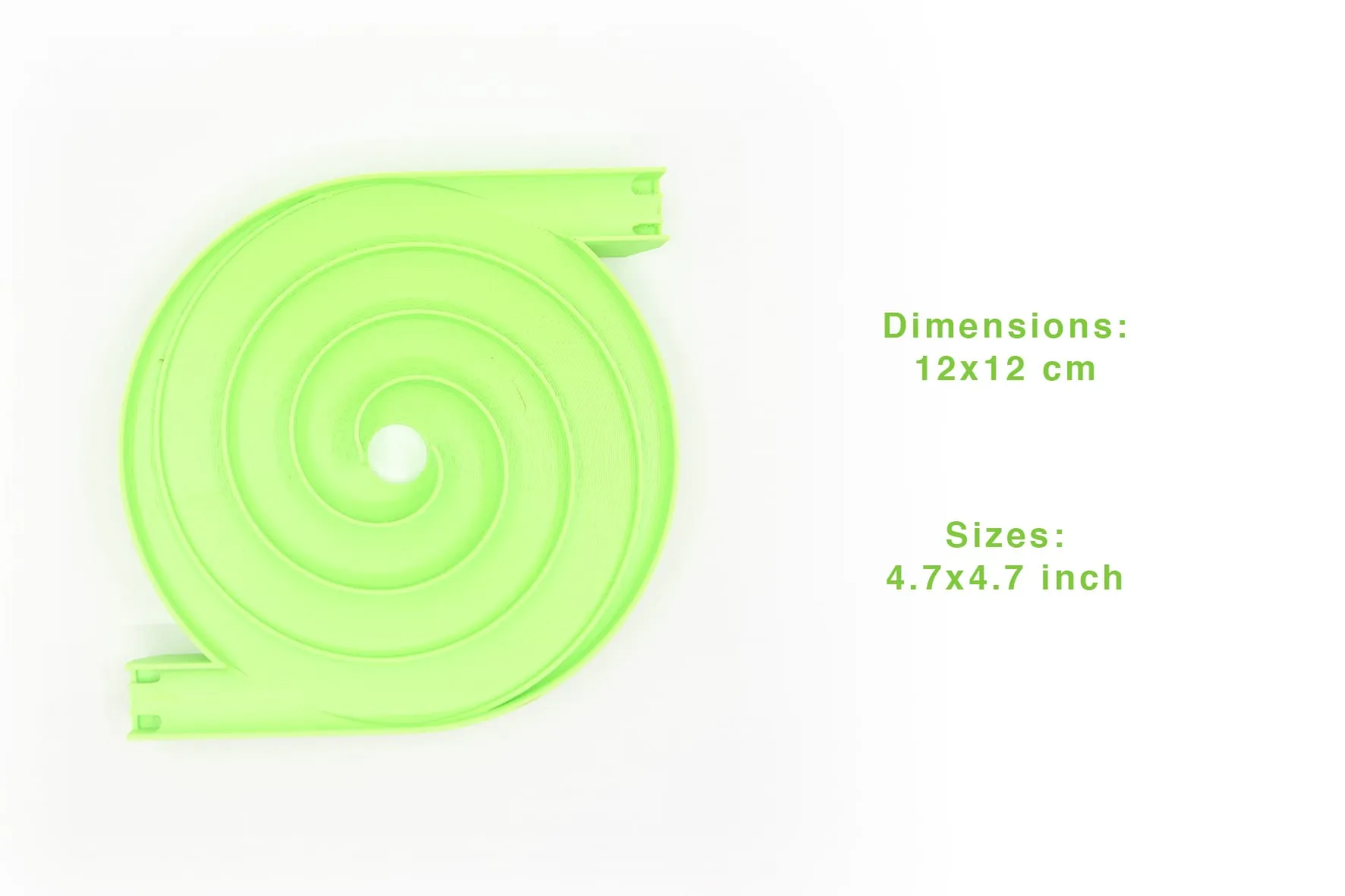 Toupie escargot verte vue de dessus avec ses dimensions : 12 × 12 cm