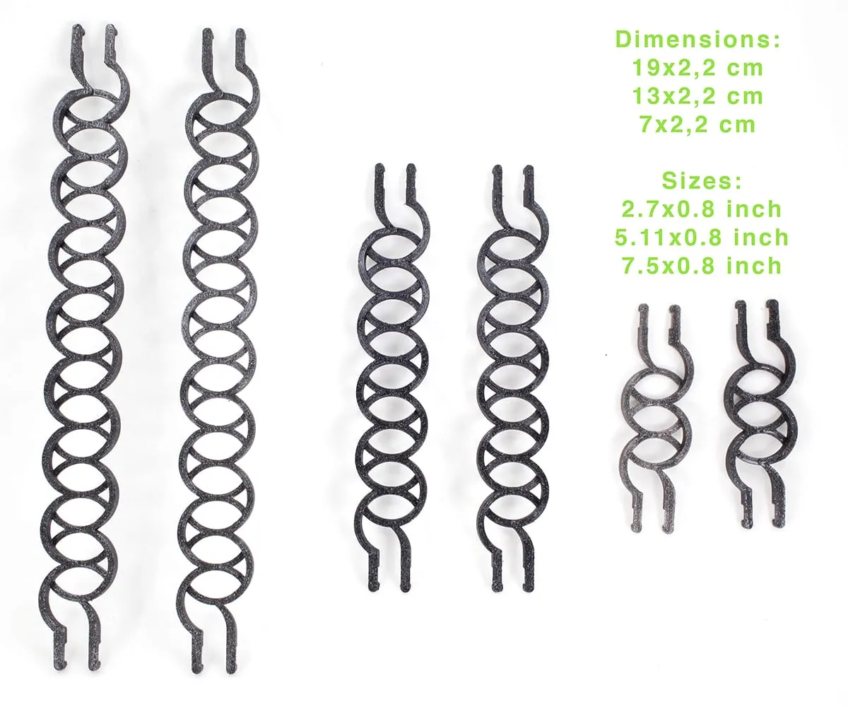 Six rails zigzag noirs de trois tailles avec leurs dimensions : 7, 13 et 19 cm