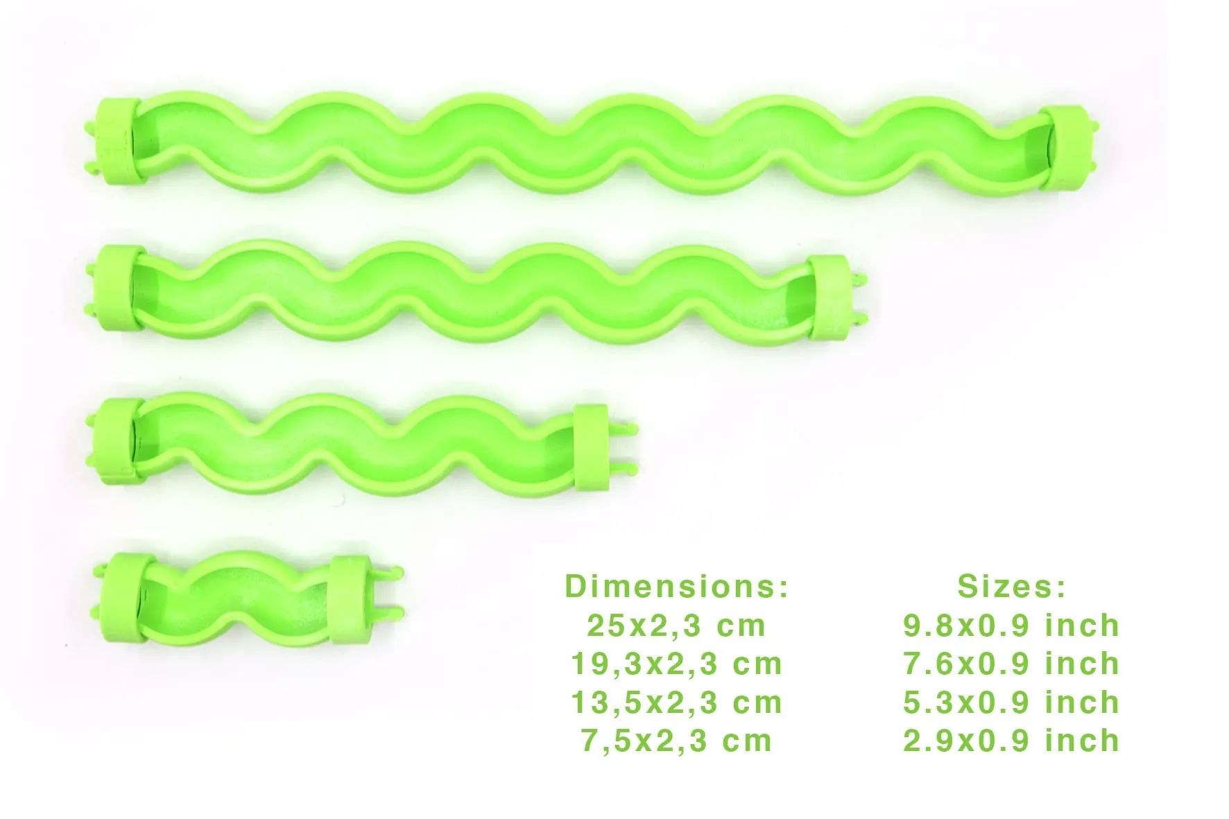 Quatre rails tube verts de longueurs différentes avec leurs dimensions : de 7,5 à 25 cm