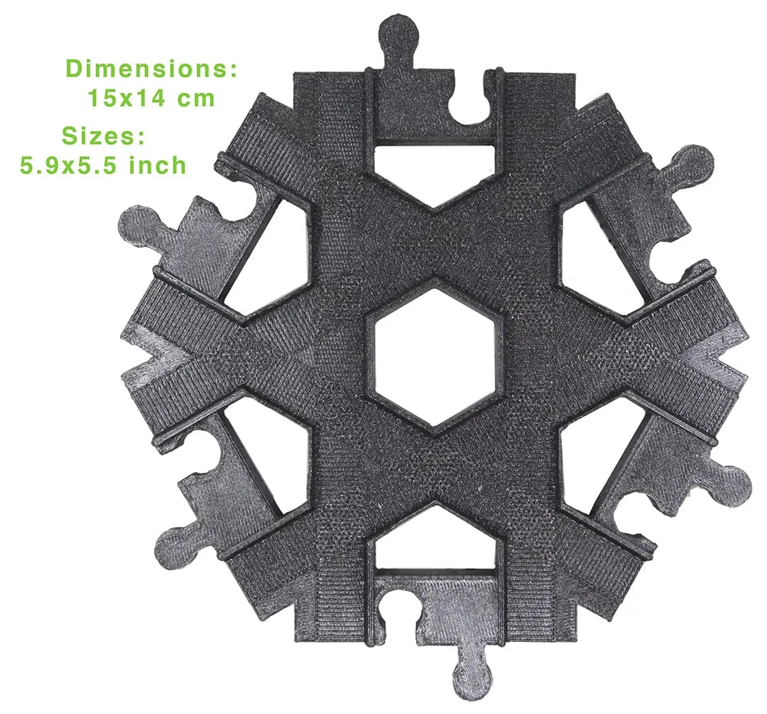 Croisement 6 voies noir vu de dessus avec ses dimensions : 15 × 14 cm