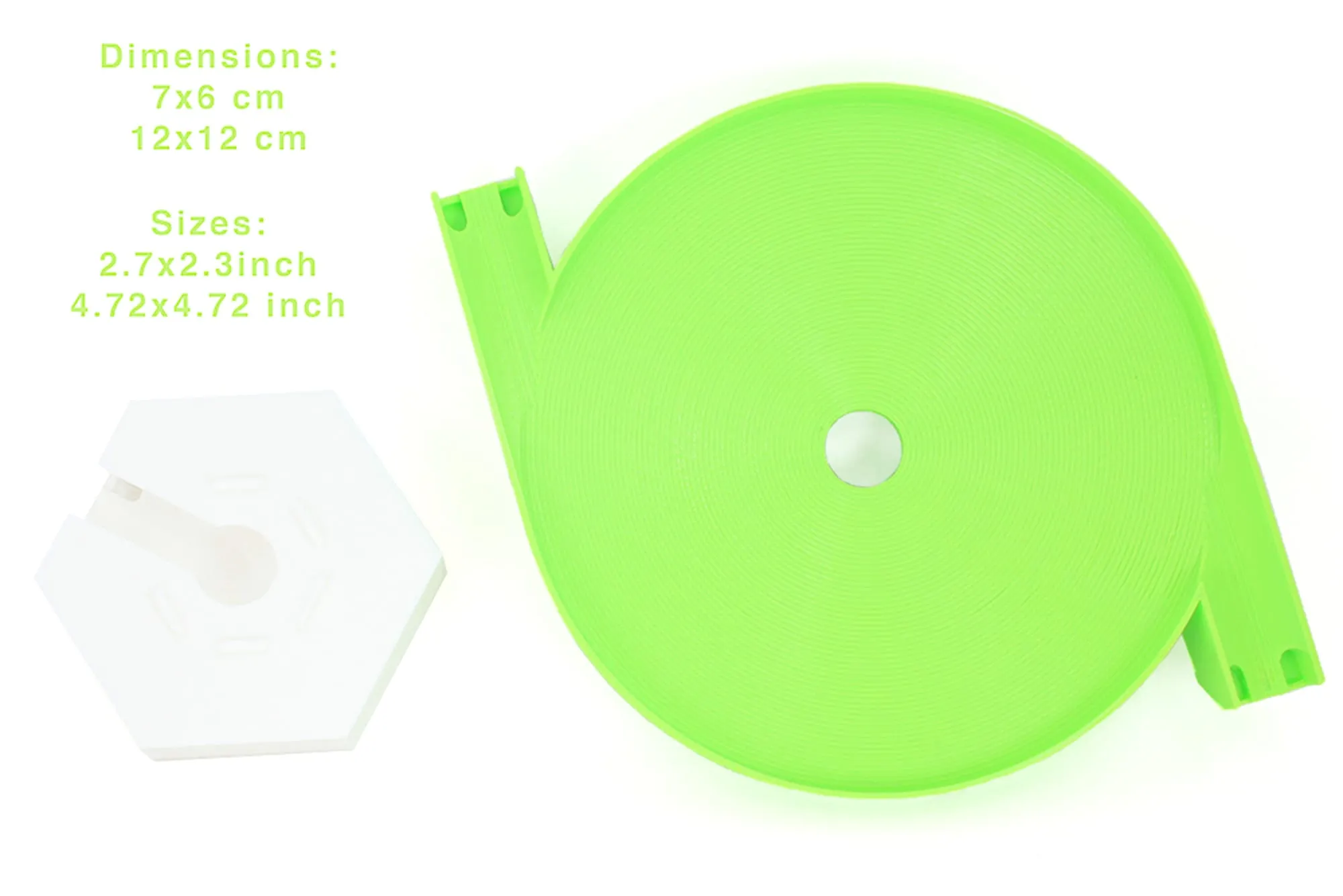 Méga toupie double entrée verte et son support blanc avec leurs dimensions : 12 × 12 cm et 7 × 6 cm
