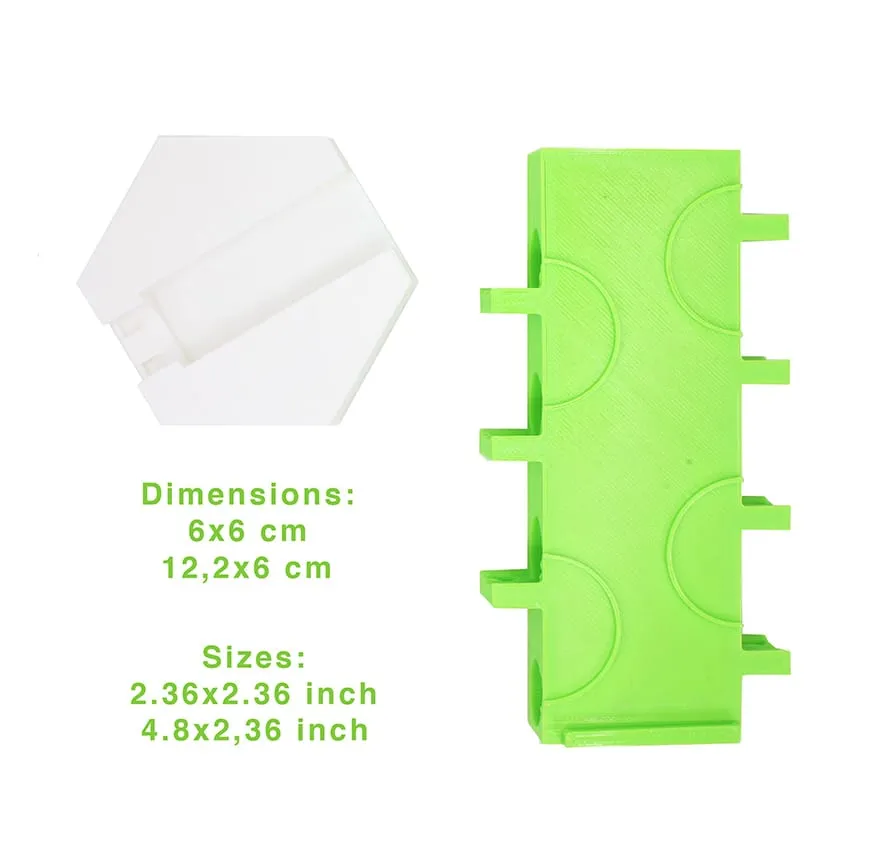 Support hexagonal blanc et demi-tour vertical vert avec leurs dimensions : 6 × 6 cm et 12,2 × 6 cm