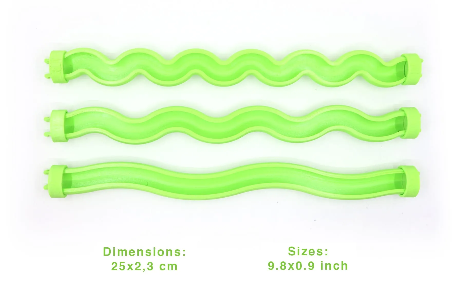 Trois rails tube verts avec leurs dimensions : 25 × 2,3 cm